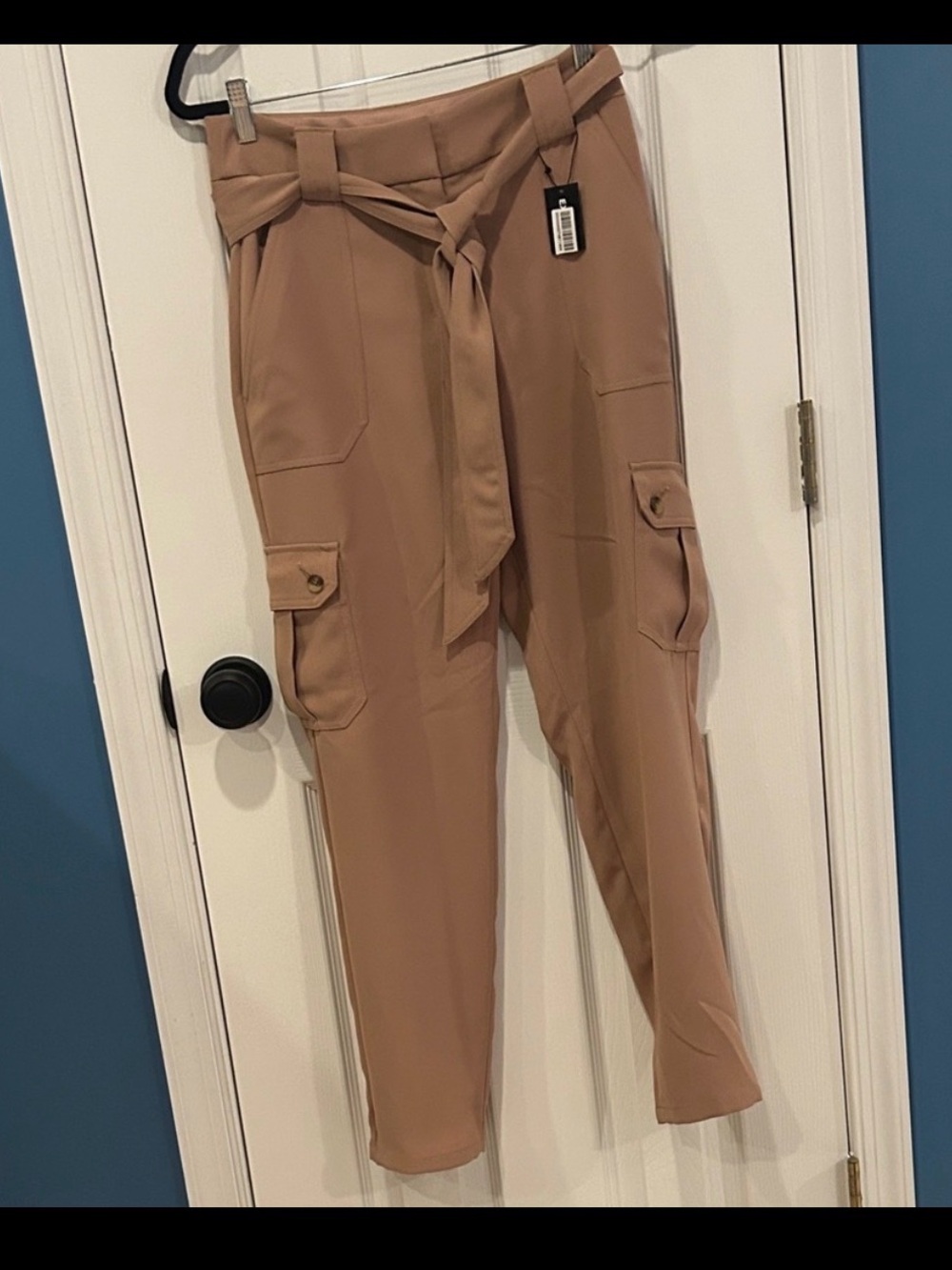 Express Tan Cargo Ankle Pants with Tie Waist